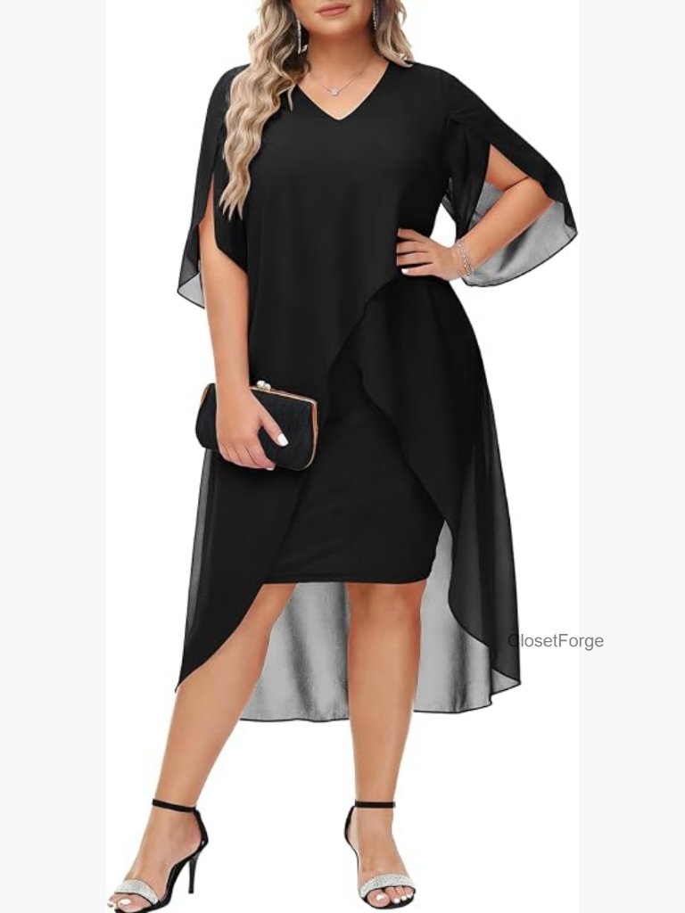 Plus Size Chiffon Cocktail Dress With Ruffle Sleeves High Low Hem